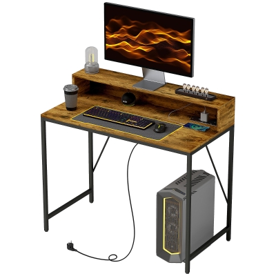 HOMCOM Computertafel met Aansluitingen, Bureau met Monitorstandaard en Plank, voor Thuiskantoor, Bureau, Werkkamer, Bruin
