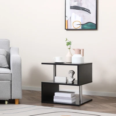 HOMCOM Mesita Auxiliar Mesa Auxiliar Pequeña Mesa para Sofá de Forma S con Compartimento Abierto Moderno 50x50x50 cm Negro