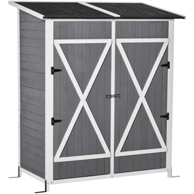 Outsunny Caseta de Jardín de Madera 139x75x160 cm Armario de Jardín Cobertizo para Almacenaje de Herramientas con Estantería Movible Puertas con Cerrojo Techo Asfáltico Gris
