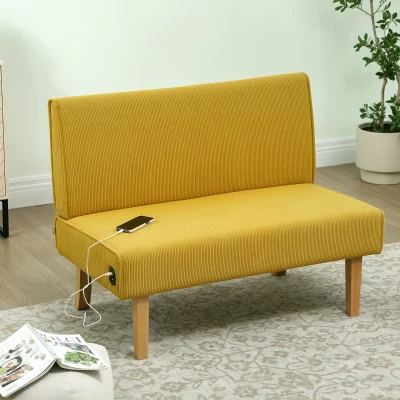 HOMCOM Sofá de 2 Plazas Tapizado en Pana con 2 Puertos USB 1 Puerto Tipo-C y Patas de Madera Carga 240 kg 110x60x85 cm Amarillo