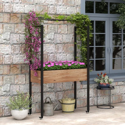 Outsunny Huerto Urbano Elevado con Enrejado Mesa Jardinera con Ruedas con Orificios de Drenaje para Plantas 110x49x190 cm Marrón