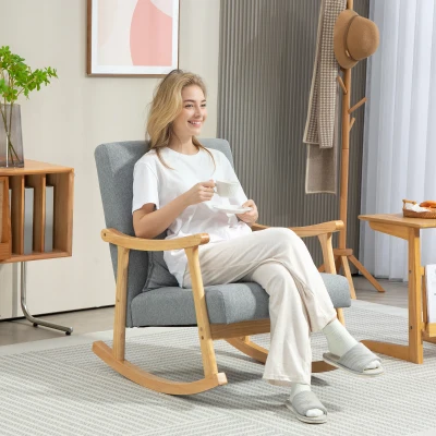 HOMCOM Silla Mecedora con Cojín Lumbar Respaldo Amplio y Base de Madera para Salón o Dormitorio 65x87x84 cm Gris Claro