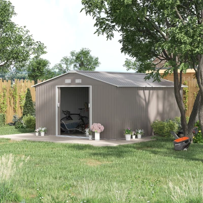 Outsunny Geräteschuppen, Wetterfestes Gartenhaus für Gartengeräte, mit Belüftungsfenstern, Schiebetüren, Stahl, Hellgrau