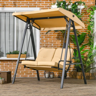 Outsunny Hollywoodschaukel, 2-Sitzer Gartenschaukel mit verstellbarem Dach, bis 220 kg belastbar, 138 x 106 x 174 cm, Beige