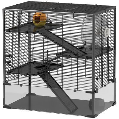 PawHut Cage pour hamster avec fond en verre, cage pour hamsters nains à quatre niveaux avec cabane et accessoires, 78,5L x 48,5l x 80H cm, Noir