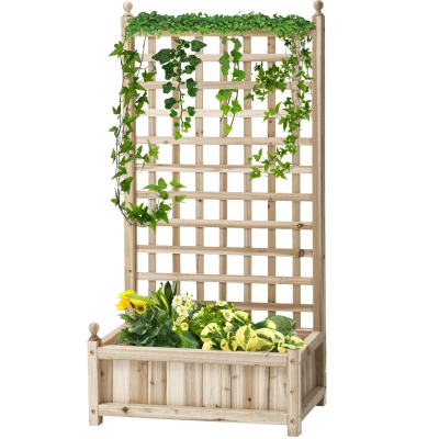 Outsunny Jardinière surélevée avec treillis pour plantes grimpantes Bac à fleurs Arche à rosiers avec support pour plantes grimpantes Jardin Bois Naturel 64 x 28 x 120 cm