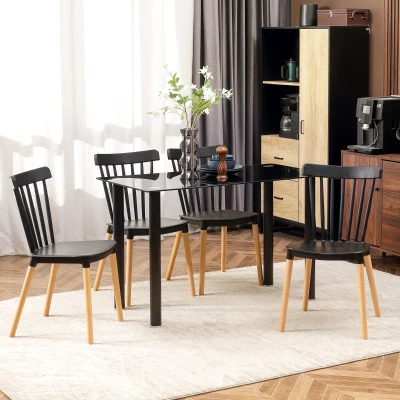 HOMCOM Set mit 4 skandinavischen Stühlen, hohe Rückenlehne, Sitze aus Polypropylen, Buchenholzbeine, 48 x 52,5 x 83 cm, Schwarz