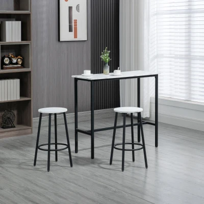 HOMCOM Bartisch-Set + 2 Hocker Stahlrahmen marmorierte Oberfläche 2 Personen Weiß