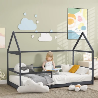 AIYAPLAY Lit Cabane Enfant Bois de Pin Gris avec Barrières