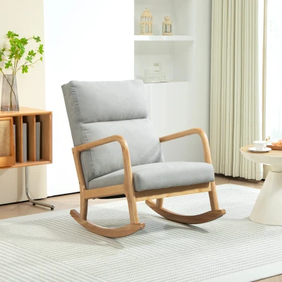 HOMCOM Mecedora Tapizada en Lino Silla Mecedora con Patas de Madera de Caucho y Reposabrazos Carga 150 kg Gris