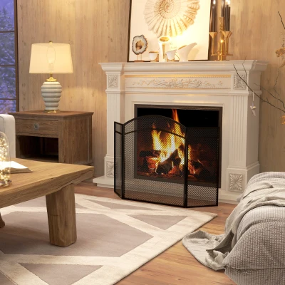 HOMCOM Pare-feu Cheminée 3 Panneaux Métal Noir 96 x 60 cm