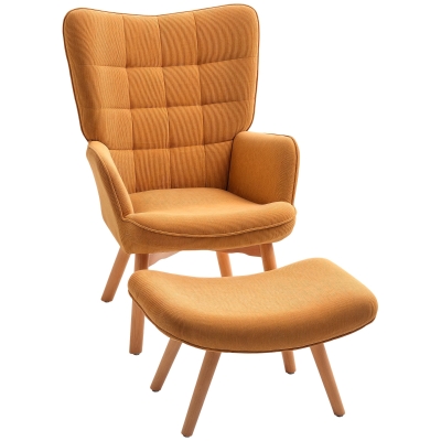 HOMCOM Fauteuil d'Appoint avec Repose-Pieds, Fauteuil Relax en Aspect Côtelé, Fauteuil avec Accoudoirs en Bois, pour Salon, Brun
