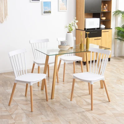 HOMCOM Set aus 4 Stühlen im skandinavischen Stil mit hohem Rücken, Sitzfläche aus Polypropylen, Buchenholzbeine 48 x 52,5 x 83 cm Weiß