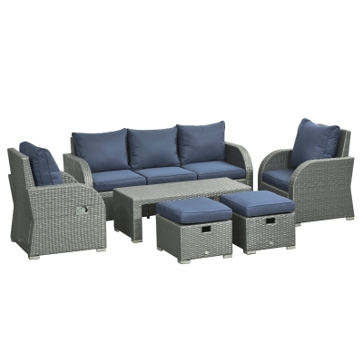 Outsunny Rattan Dining Set 6-Piece with Reclining Armchairs Blue