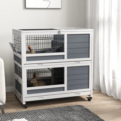 PawHut Kaninchenstall aus Holz für den Innenbereich auf Rädern 2 Etagen 2 herausnehmbare Tabletts, abschließbare Tür 90L x 53B x 97H cm