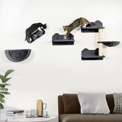 PawHut Prateleiras de Parede para Gatos 4 Peças com Rede Plataforma Semicircular Plataformas de Salto e Poste de Sisal Cinza