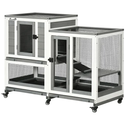PawHut Innenhasenstall aus Holz mit Rollen 3 Etagen Rampen – Maße 110L x 50B x 86H cm – Grau und Weiß