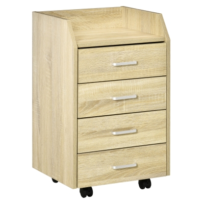 Vinsetto Cajonera de Oficina Mueble Auxiliar para Archivos con 4 Cajones Encimera Superior de Almacenaje 4 Ruedas y 2 Frenos para Estudio Despacho 40x36x65 cm Natural
