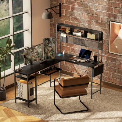 HOMCOM Modularer Schreibtisch, Eckschreibtisch mit Steckdose und USB-Anschluss, Industriestil Aufbewahrungsregale und Tastaturablage, Schwarz
