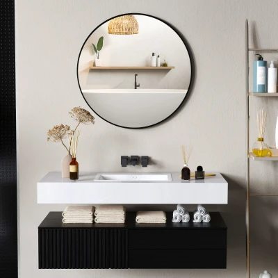 HOMCOM Runder Badezimmerspiegel mit Metallrahmen, einfach zu installieren, für Schlafzimmer, Wohnzimmer, Eingangsbereich, Ø 70 x 2,5 cm Schwarz