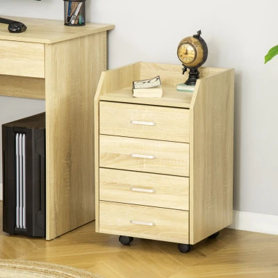 Vinsetto Cajonera de Oficina Mueble Auxiliar para Archivos con 4 Cajones Encimera Superior de Almacenaje 4 Ruedas y 2 Frenos para Estudio Despacho 40x36x65 cm Natural