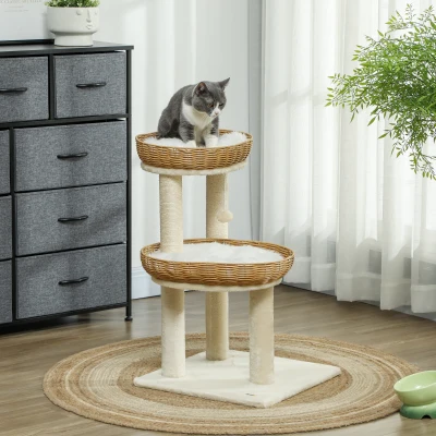 PawHut Katzenbaum Kletterbaum Höhe 75,5 cm mit zwei Liegekörben aus Rattan Kratzbretter waschbare Kissen Beige