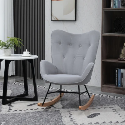 HOMCOM Rocking Chair with Ear Wings Grand Comfort Armrests Seat Backrest High Density Foam Velvet-Like Gray