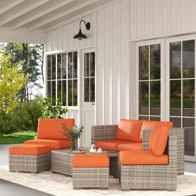Outsunny Rattan Garden Set 8-Piece with Cushions Orange/Grey