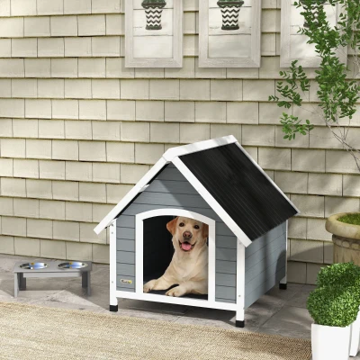 PawHut Hundehütte aus Holz für draußen mit herausnehmbarem Boden, erhöhter Holzunterschlupf für Hunde 84 x 99 x 87 cm Grau