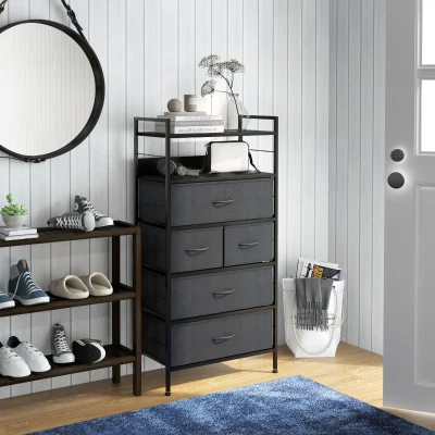 HOMCOM Kommode Aufbewahrungsmöbel 5 herausnehmbare Stoffschubladen und 2 Regale Struktur aus Stahl Abmessungen 58L x 30B x 120H cm Schwarz