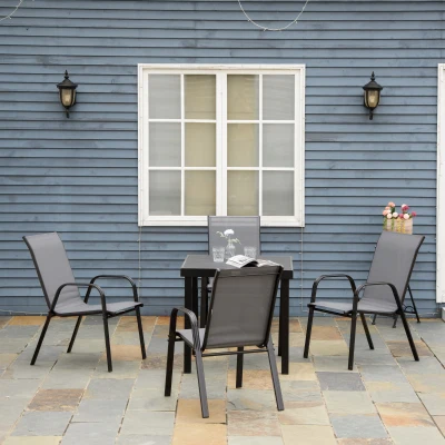 Outsunny Conjunto de 4 Cadeiras de Jardim Empilháveis Cadeiras de Refeição de Exterior com Tecido Respirável 54x75,5x95 cm Cinza