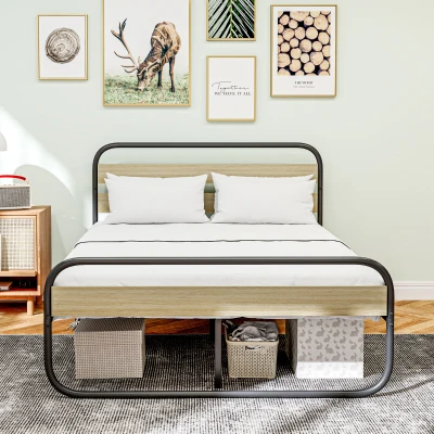 HOMCOM Doppelbett 140 x 190 cm, Bettgestell aus Stahl im industriellen Stil, Kopf- und Fußteil inklusive Lattenrost, Holzoptik