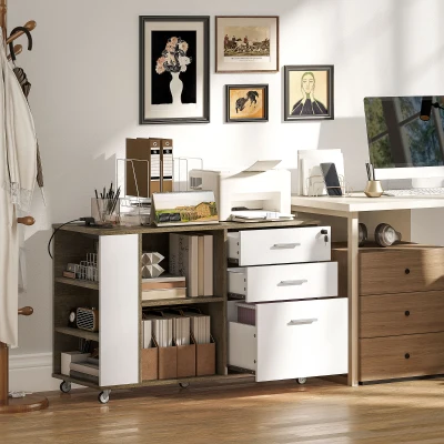 HOMCOM Mueble Archivador con Ruedas 3 Cajones Estación de Carga Cerradura y Estantes 100x40x65,5 cm Marrón Grisáceo