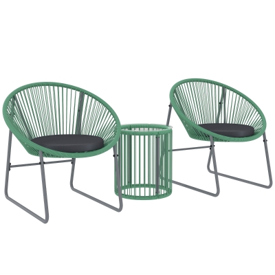 Outsunny Ensemble de mobilier d'extérieur en 3 pièces, 1 Table, 2 chaises, Plateau de table en verre, Rotin plastique autour du cadre en acier, coussins moelleux, Vert