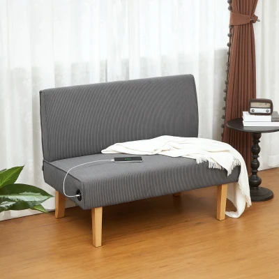 HOMCOM Sofá de 2 Lugares Estofado em Veludo Cotelê Sofá Sala de Estar com 2 Entradas USB 1 Entrada Tipo C 110x60x85 cm Cinza