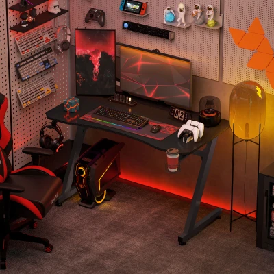 HOMCOM Gaming-Schreibtisch mit Kopfhörerhalter, Getränkehalter, Kabelmanagement inklusive, höhenverstellbare Stahl- und Holzkonstruktion, Schwarz