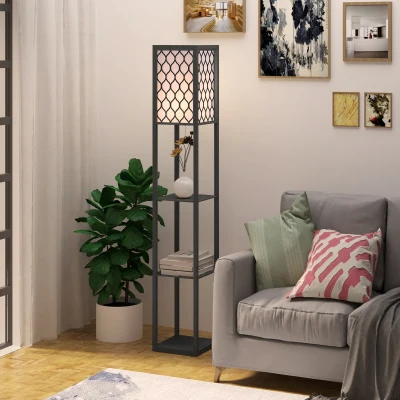 HOMCOM Stehlampe Wohnzimmer mit Regal, Stehleuchte Standleuchte mit E27 Fassung für Wohnzimmer Schlafzimmer, exkl. Glühbirne
