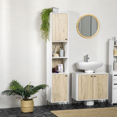 kleankin Badezimmerschrank Hochschrank Toilettenarmatur mit Stiletto-Fuß 2 Schränke mit Regal 30 x 31,5 x 169 cm