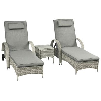 Outsunny Chaise Longue Table 3 pièces Ensemble de meubles de jardin, Rotin synthétique + Métal Gris