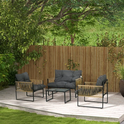 Outsunny 4-teiliges Gartenmöbelset, 2-Sitzer-Sofa, 2 Sessel und 1 Couchtisch mit gehärteter Glasplatte, 3 Kissen - Grau