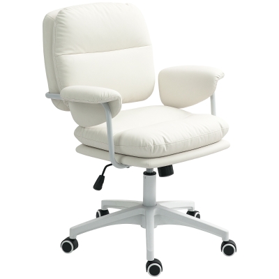 HOMCOM Chaise de bureau réglable en hauteur avec coussin doux et revêtement en simili cuir, roulettes flexibles et fonction d'inclinaison, Blanc