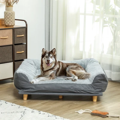 PawHut Canapé Chien Gris Housse Lavable Pieds Bois 100x70x30cm