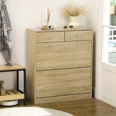 HOMCOM Schuhschrank 2 Schubladen und 2 klappbare Türen mit verstellbarem Regal 80 x 30 x 91,5 cm Griffe aus Alu. Natur