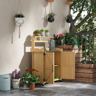 Outsunny Pflanztisch Gartentisch mit Schrank und Regalen und verzinkter Arbeitsplatte rutschfeste Gummifüße Tannenholz gelb