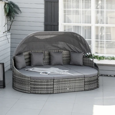 Outsunny Rattan Sonneninsel Ensemble de mobilier de jardin 4 pièces avec auvent 4 coussins Métal Gris 230 x 145 x 80 cm