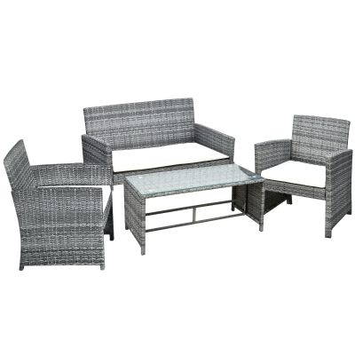 Outsunny Conjunto de Muebles de Ratán para Jardín Set de Sofá Doble 2 Sillones y 1 Mesa de Centro para Terraza Gris