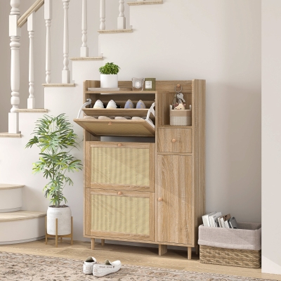 HOMCOM Móvel Sapateira com 3 Gavetas com Frente em Vime para 12 Pares de Sapatos Prateleiras Ajustáveis 80x23x120 cm Carvalho