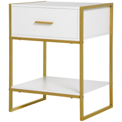 HOMCOM Nachttisch Nachtkommode mit Schublade Regal und Griff Stahlrahmen für Schlafzimmer 45 x 40 x 60 cm weiß