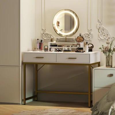 HOMCOM Coiffeuse avec Miroir pivotant à 360°, Éclairage LED, 2 tiroirs, Blanc/Or
