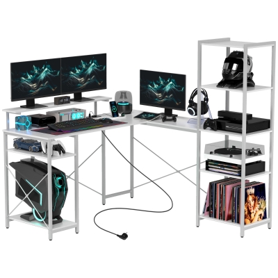 HOMCOM L-kształtne biurko narożne z zintegrowanym gniazdkiem, stojakiem na monitor i półką na przechowywanie, biały